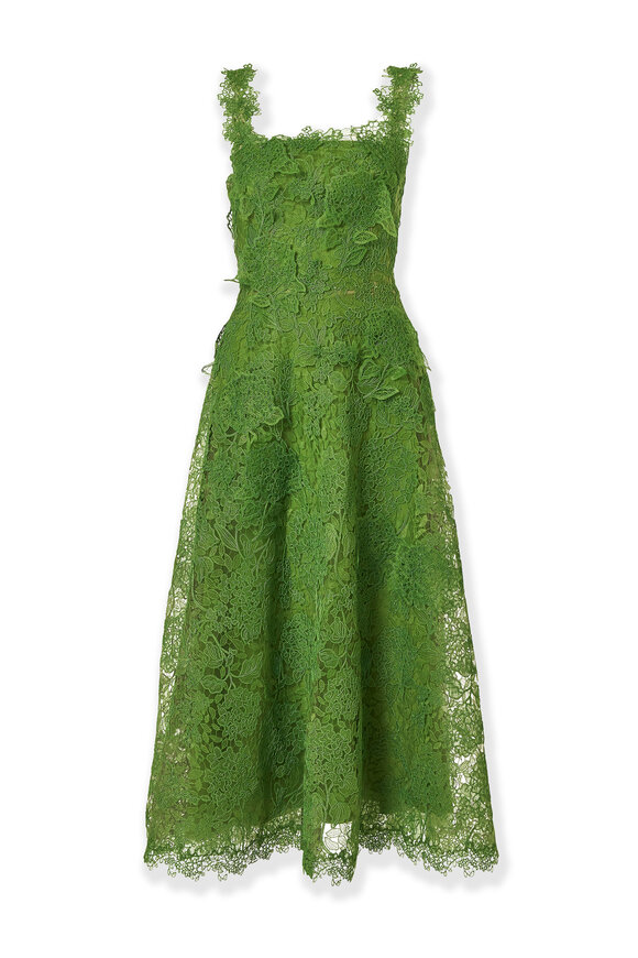 Carolina Herrera Lawn Green Hydrangea Floral Lace Midi Dress - view 6