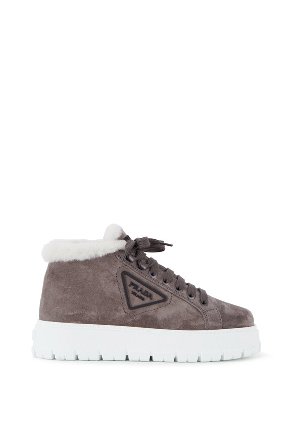 Prada - Gray Suede Shearling Lined Hi-Top Sneaker