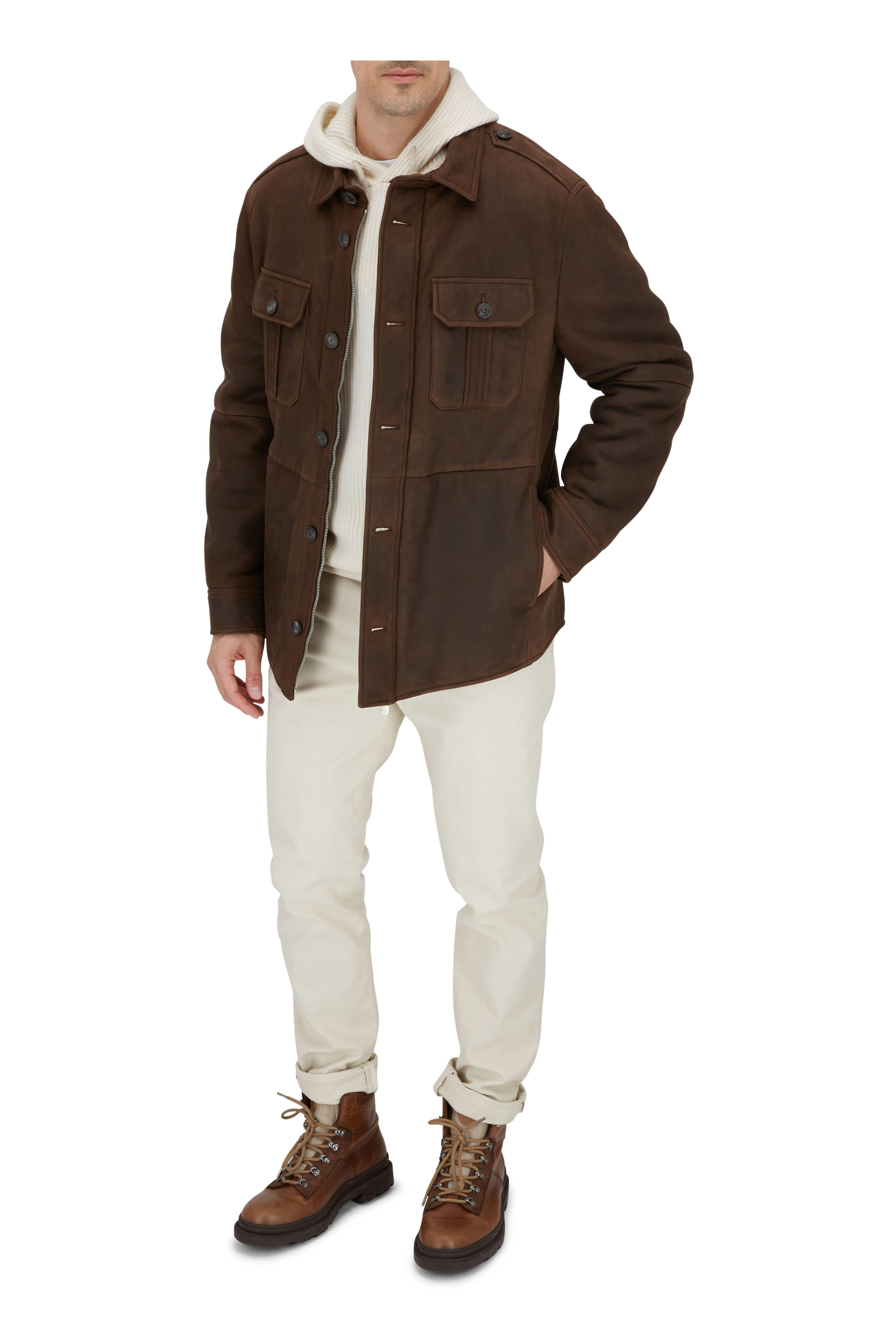 Brunello Cucinelli - Dark Brown Leather & Shearling Shirt Jacket