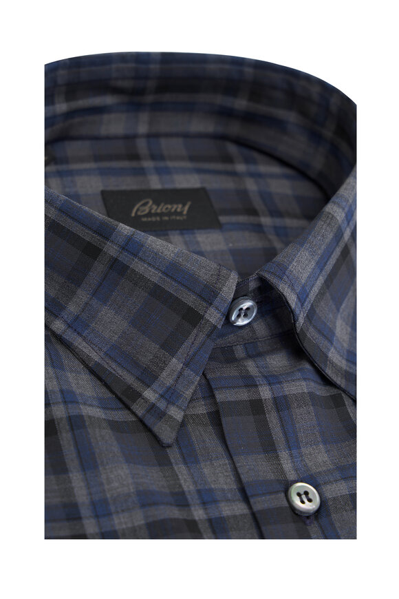 Brioni - Blue & Gray Plaid Wool Sport Shirt 