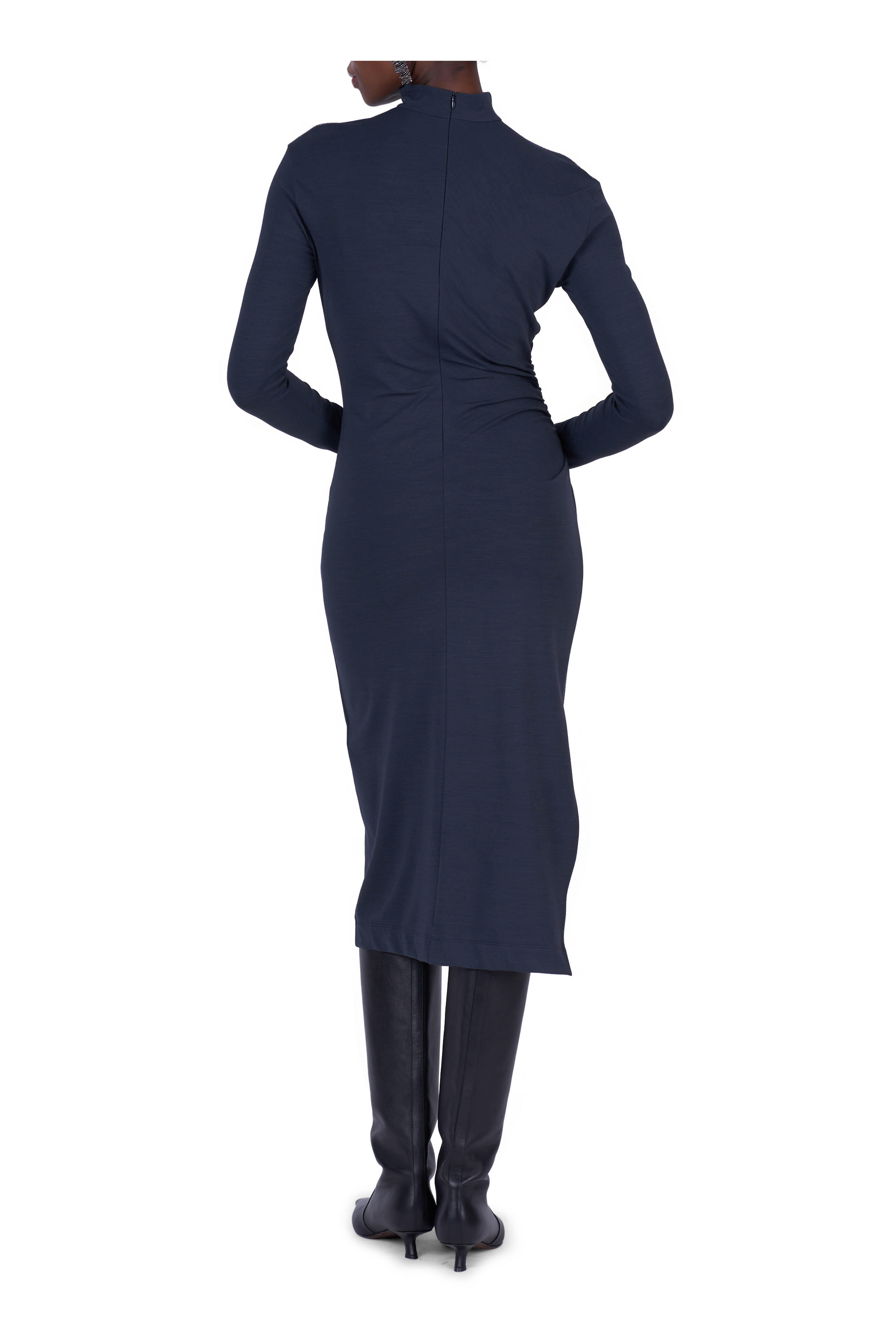 Brunello Cucinelli - Couture Navy Blue Jersey Wool Draped Dress