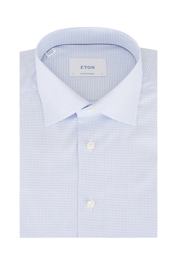 Eton Light Blue Check Cotton Twill Sport Shirt