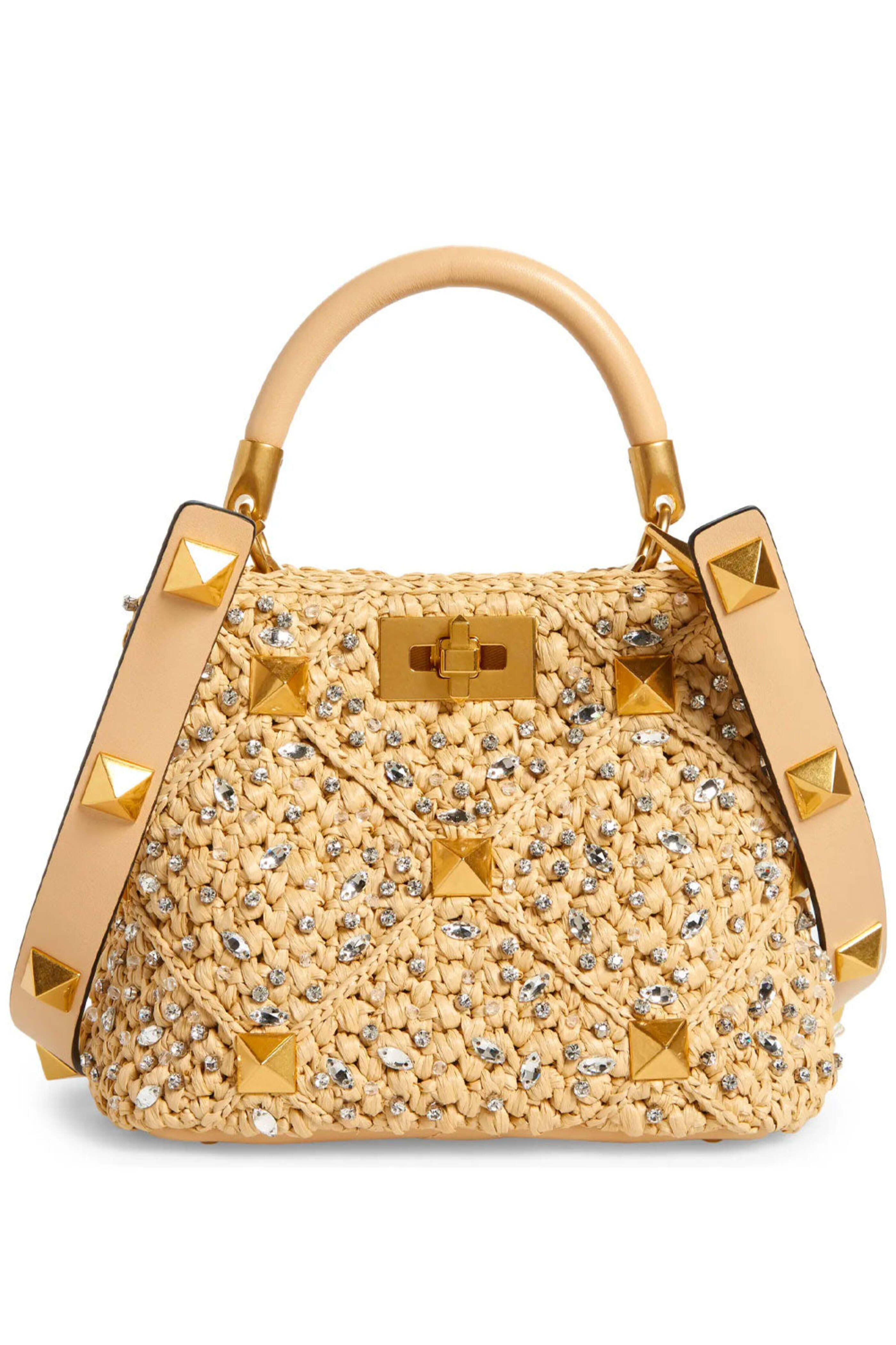 Valentino Garavani - Raffia Small Roman Stud Bag in Natural Crystal