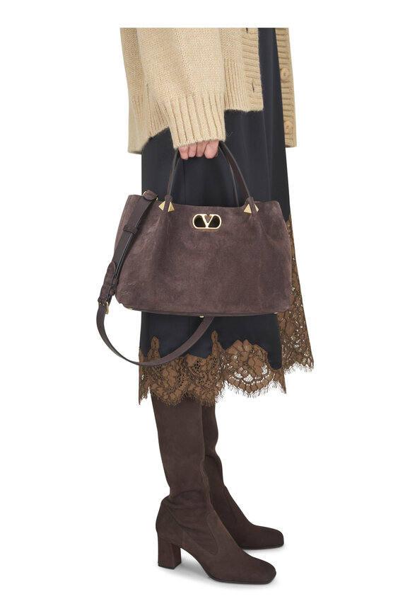 Valentino Garavani Small Ebony Brown Suede Shopping Bag - view 2