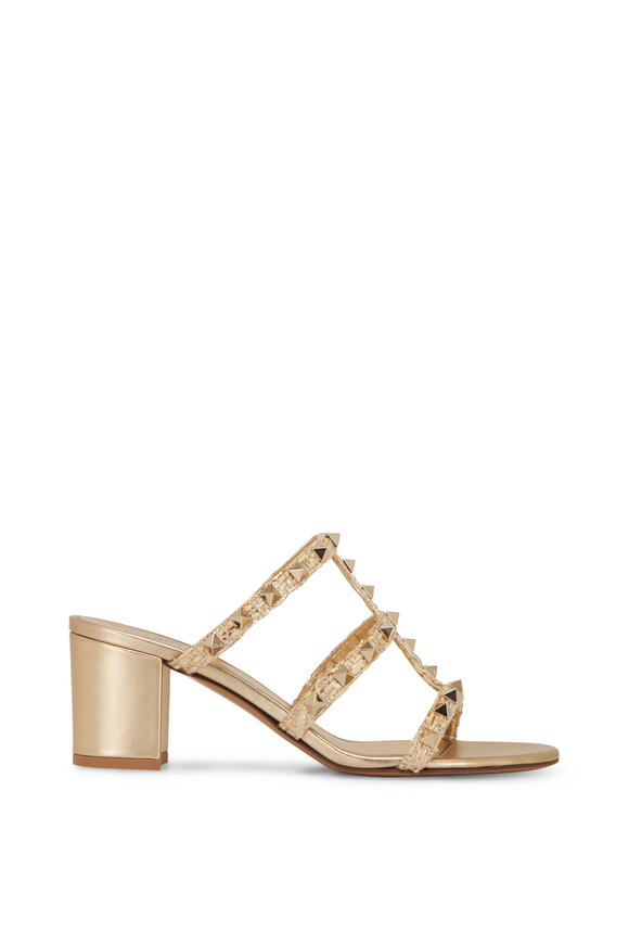 Valentino Garavani - Rockstud Caged Gold & Raffia Slide Sandal, 60mm