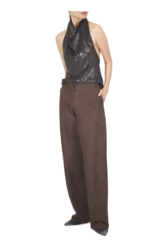 Designer outfit featuring Haisley Black Onyx Crystal Slingback, 60mm, Perlage Brown Suede Pant and 1 other piece