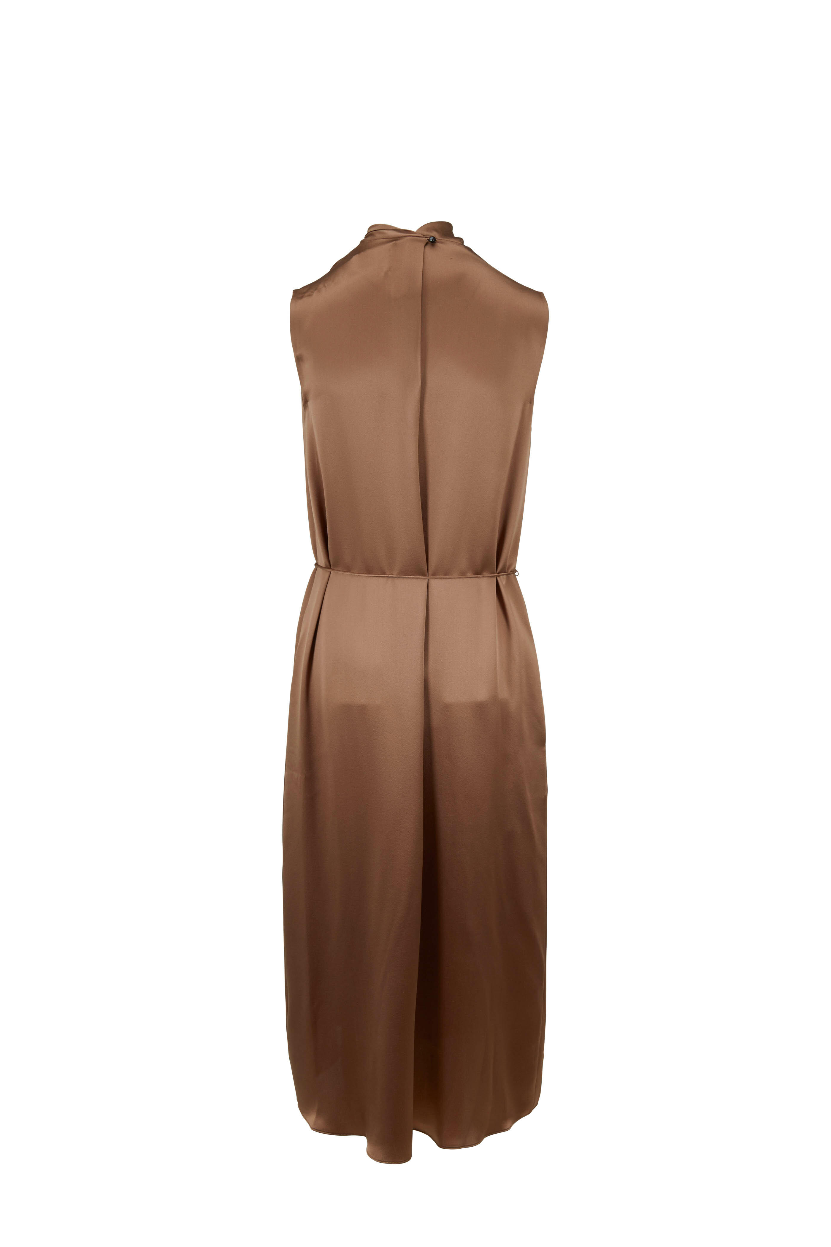 Vince - Earth Silk Satin Knot Neck Sleeveless Dress