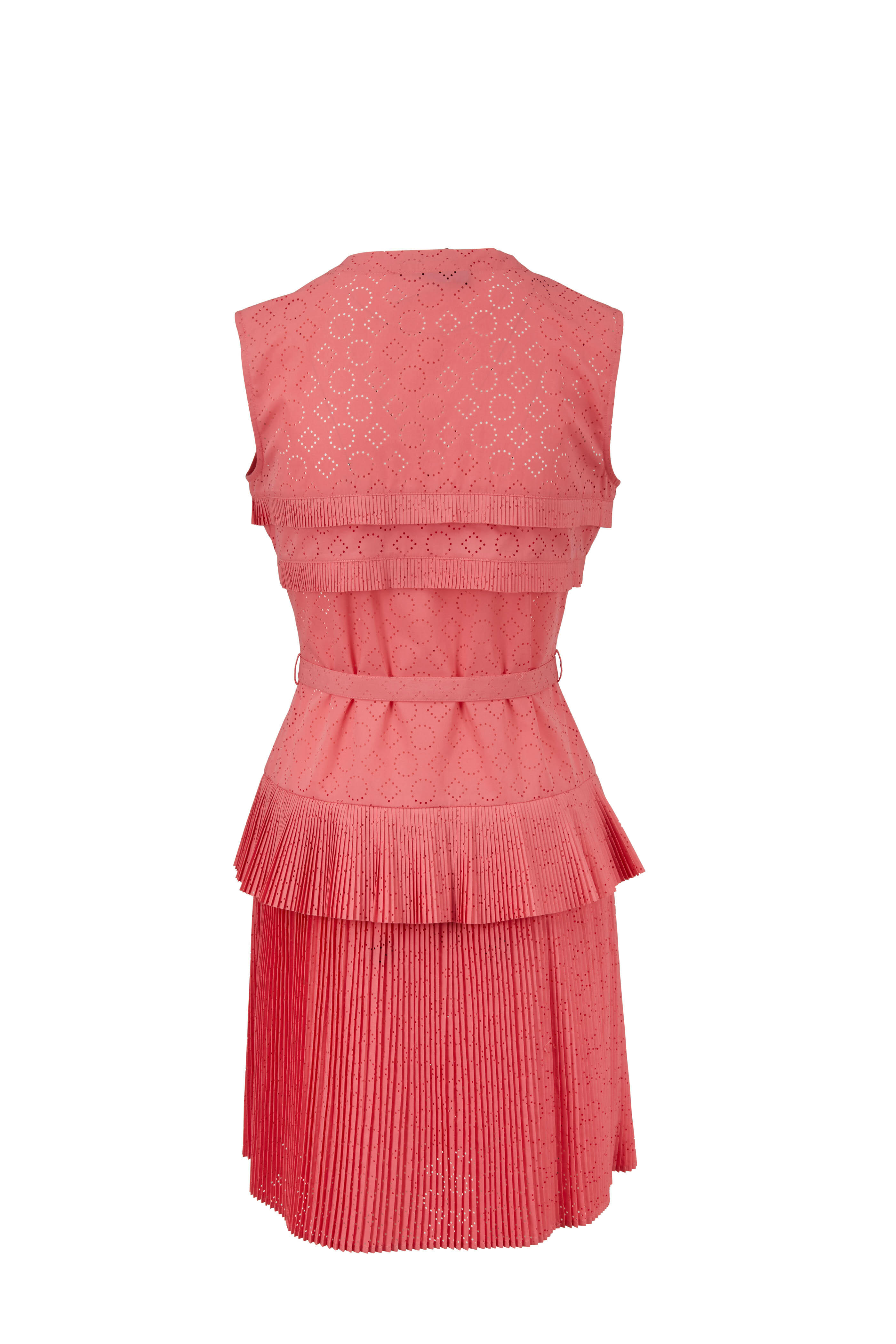 Paule Ka - Coral Eyelet Tiered Pleat Dress