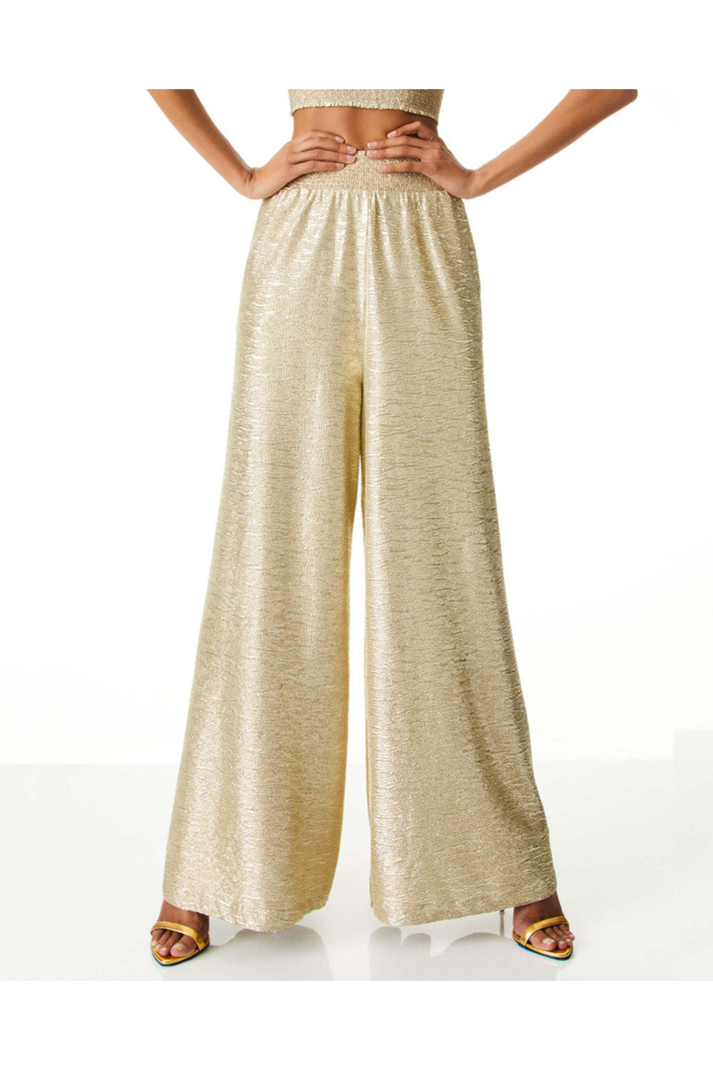 Alice & Olivia - Gold Metallic Janella Smocked Waist Wide Leg Pant
