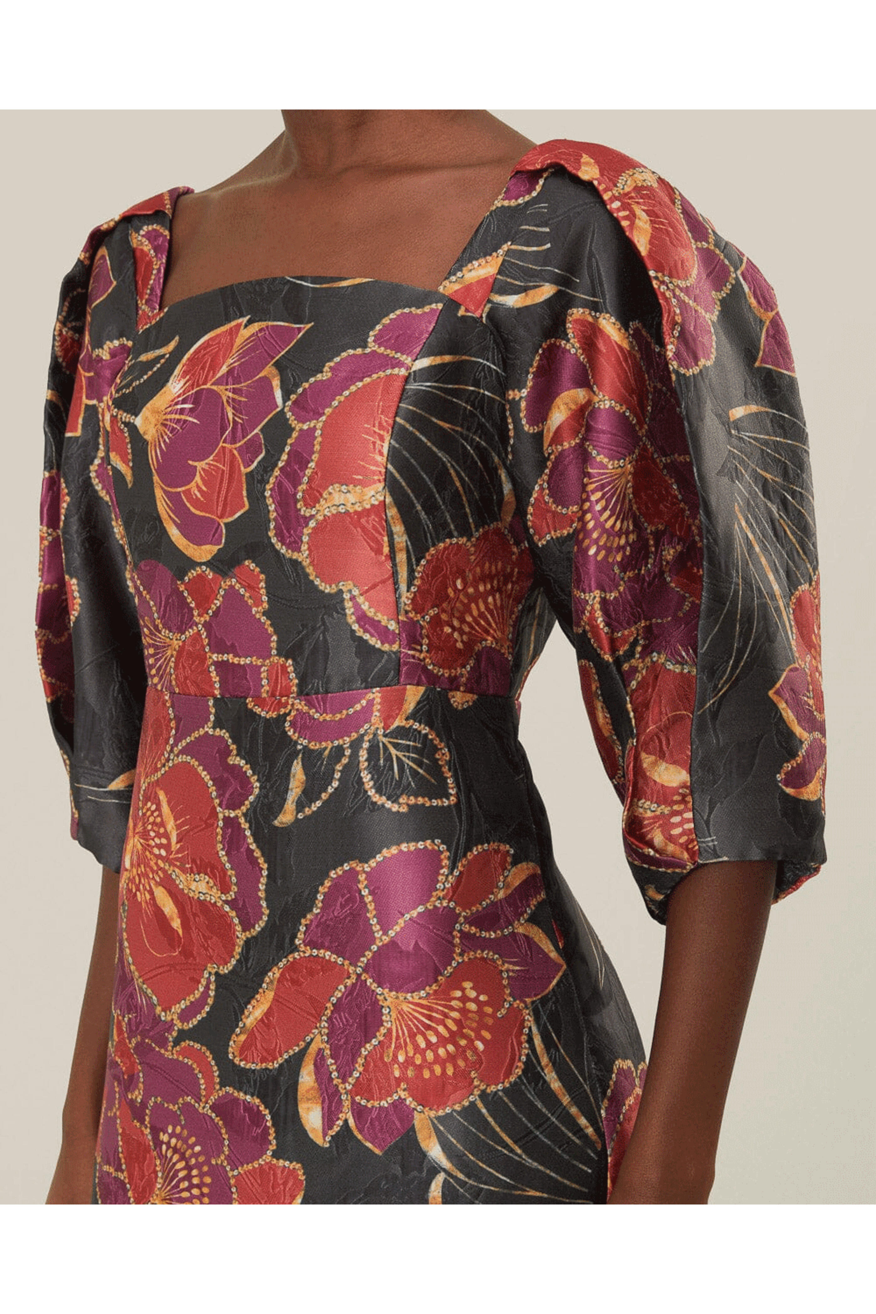 Farm Rio - Shiny Chita Black Shorts Sleeve Midi Dress