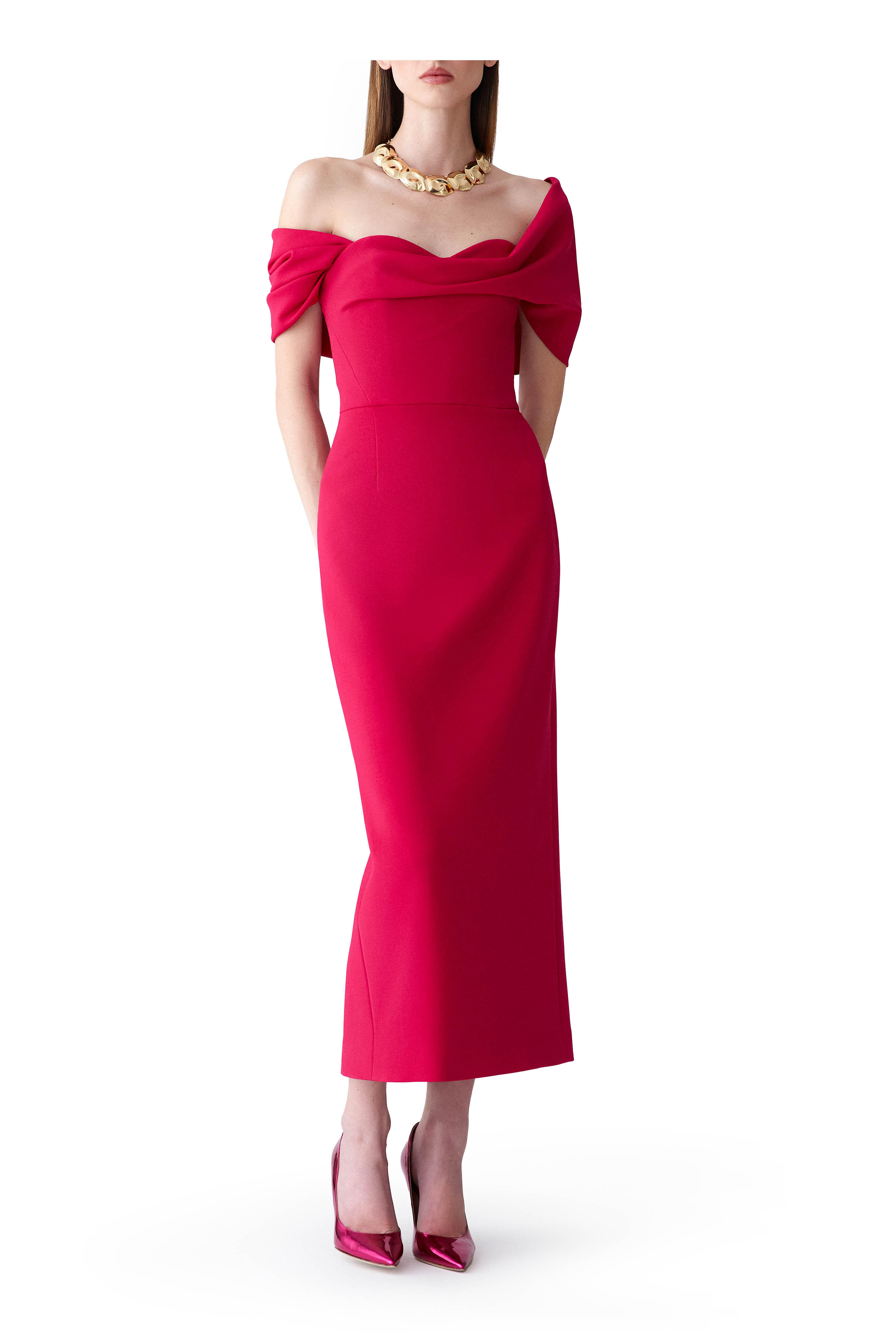 Carolina Herrera - Claret Draped Off-The-Shoulder Column Dress