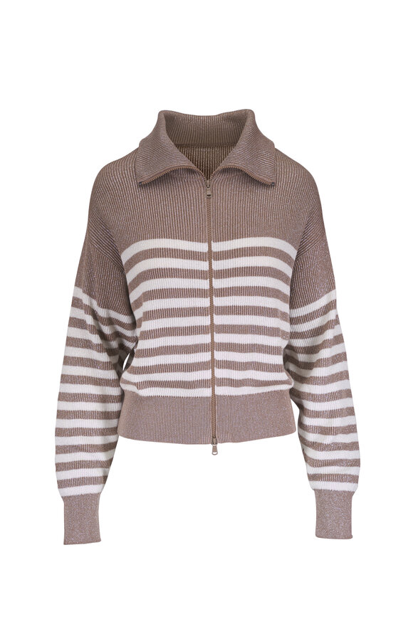 Brunello Cucinelli Beige & White Lurex Stripe Zip Up Cardigan