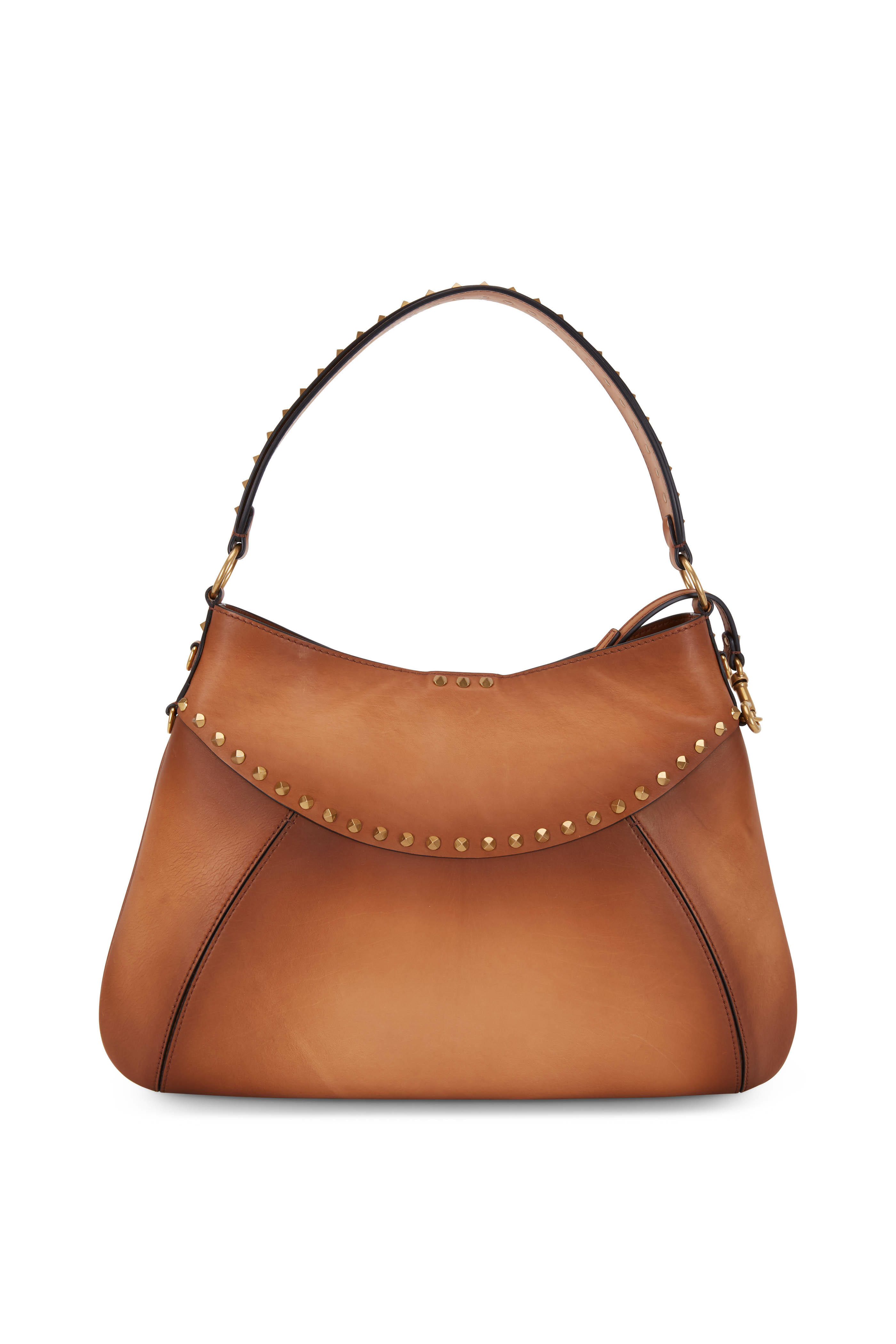 Valentino Garavani Twinkle Studs Cognac Leather Medium Hobo Bag