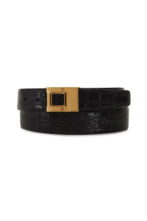 Saint Laurent Black Croc Embossed Leather Belt 