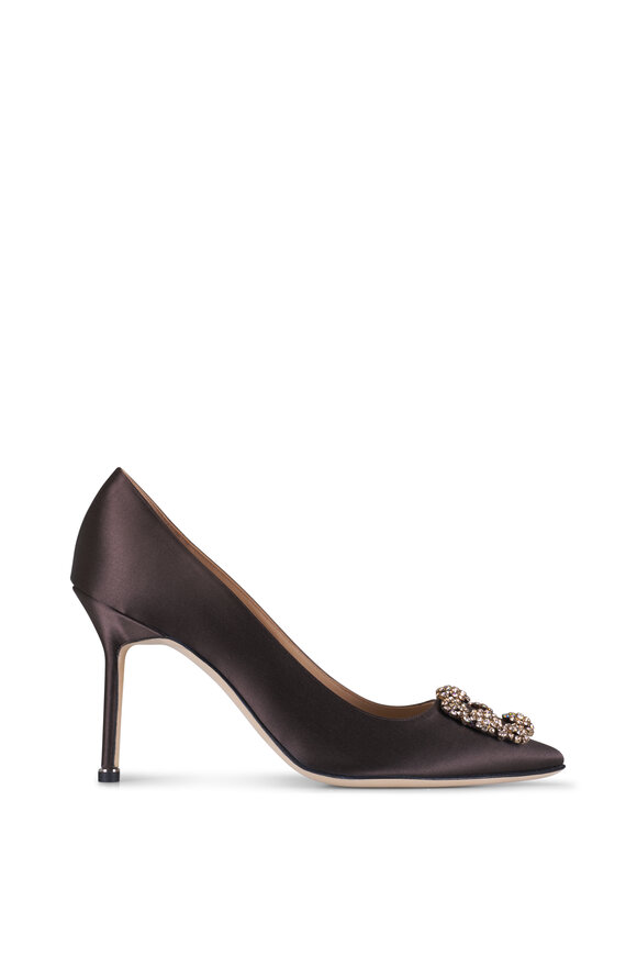 Manolo Blahnik Hangisi Brown Satin Jewel Buckle Pump, 90mm - view 2