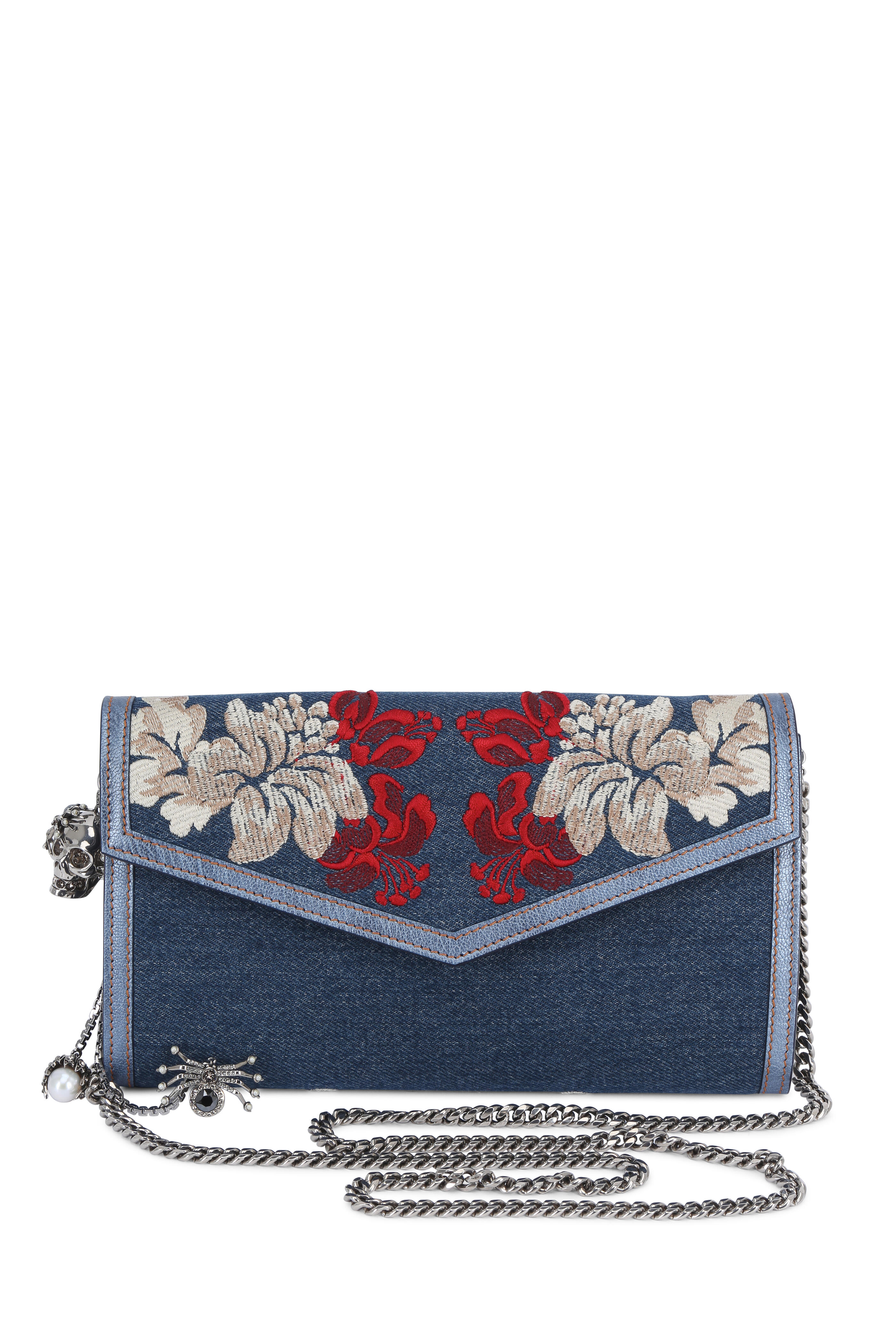 Alexander McQueen - Denim Blue Floral Embroidered Chain Wallet