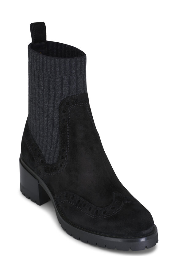 Santoni - Ferret Black Suede Brogue Boot, 50mm 