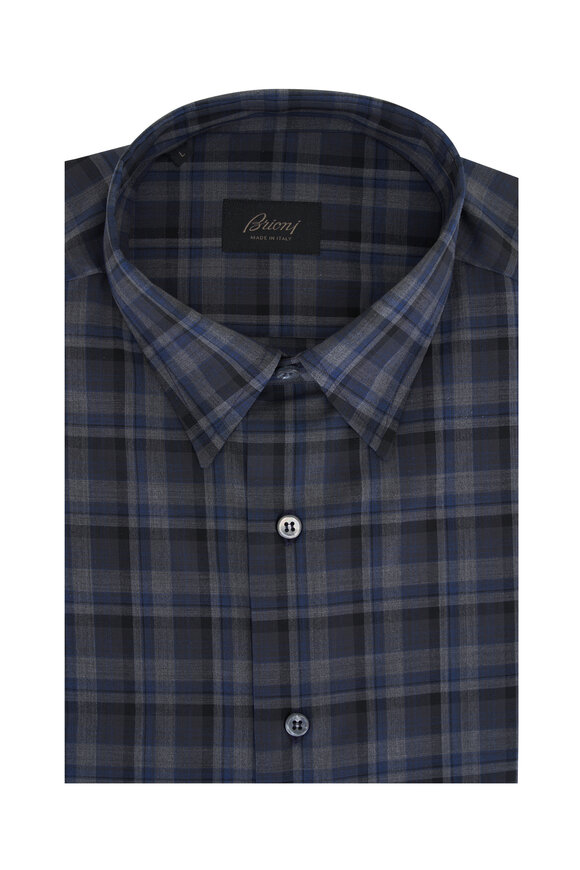 Brioni - Blue & Gray Plaid Wool Sport Shirt 