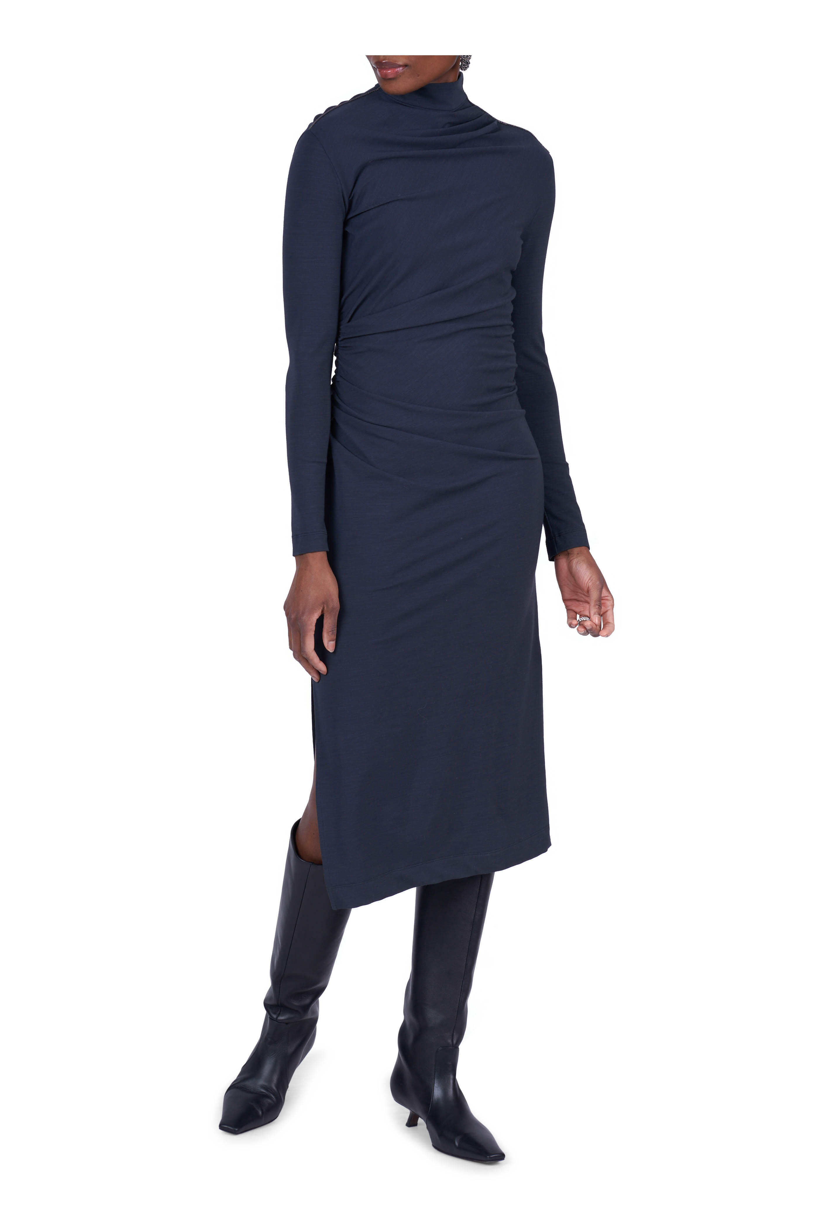 Brunello Cucinelli - Couture Navy Blue Jersey Wool Draped Dress