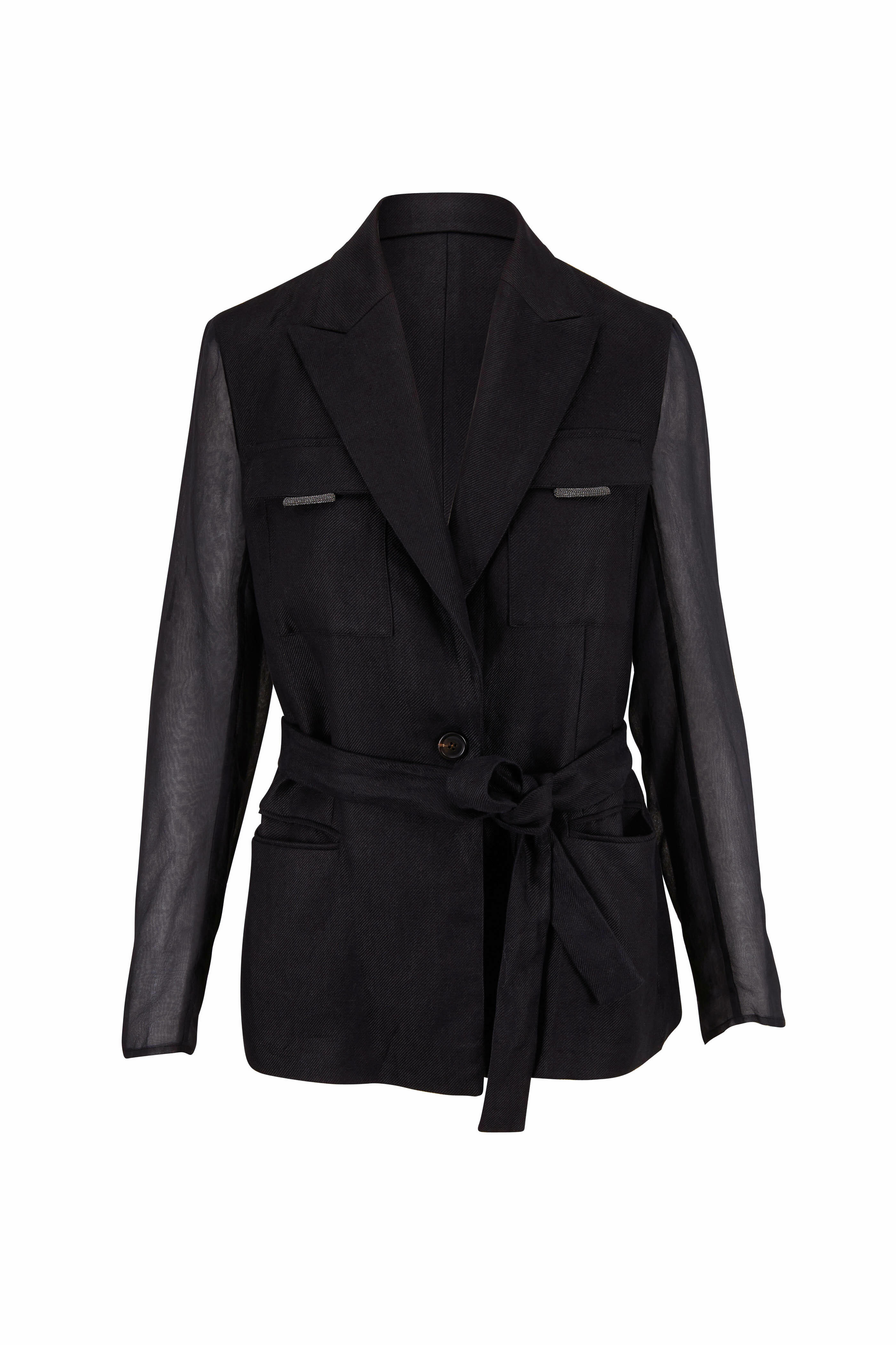 Brunello Cucinelli - Black Linen Sheer Sleeve Belted Jacket