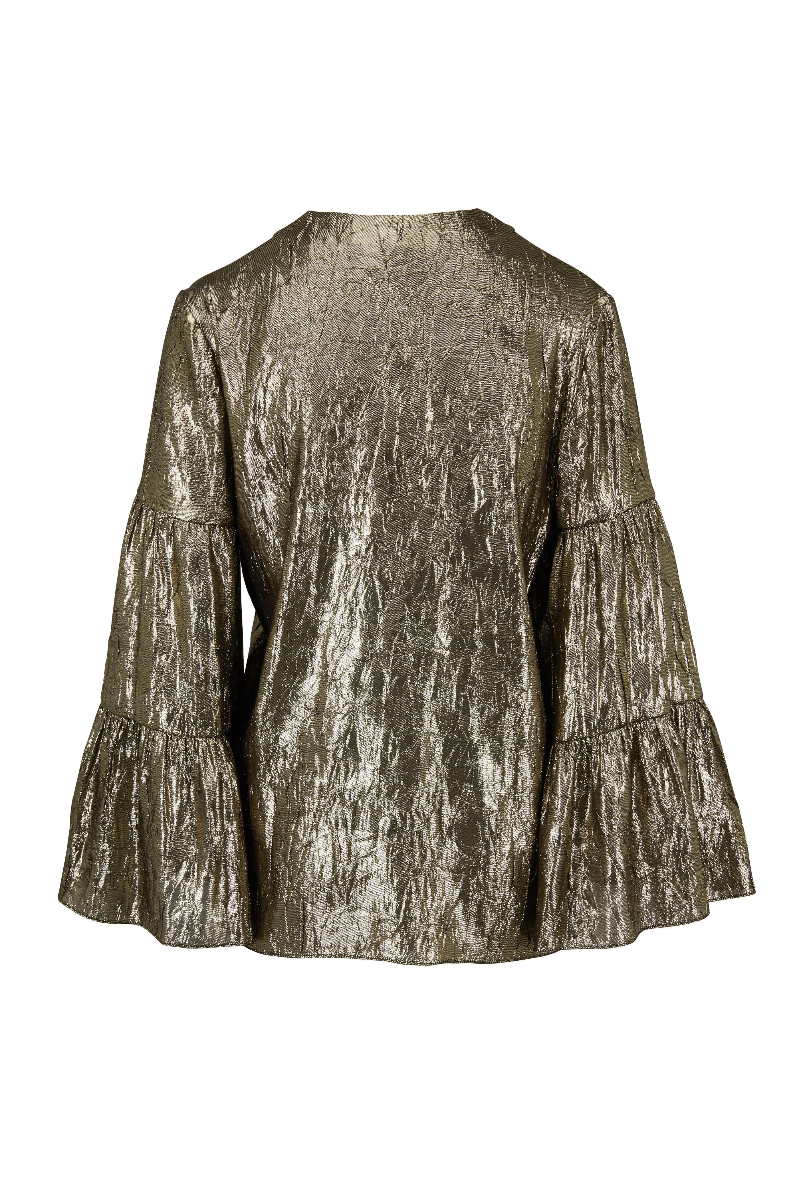 Michael Kors Collection - Gold Lamé Tiered Sleeve Peasant Top