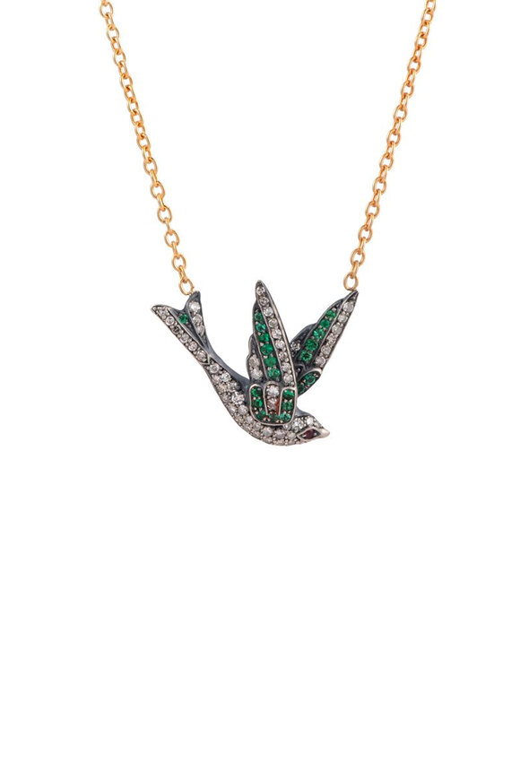 Sylva & Cie Diamond & Emerald Swallow Pendant Necklace