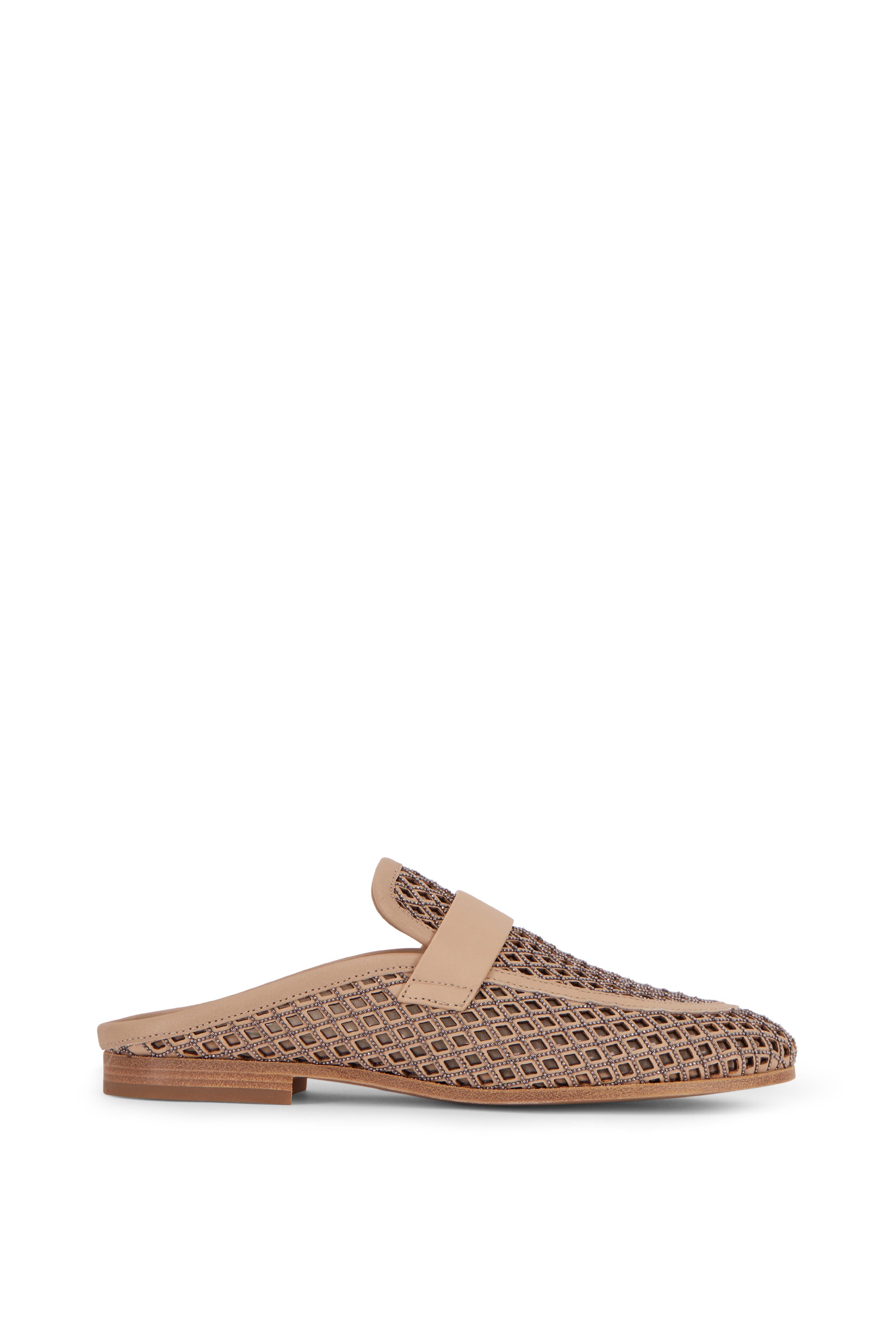 Brunello Cucinelli - Light Brown Leather & Net Monili Mule
