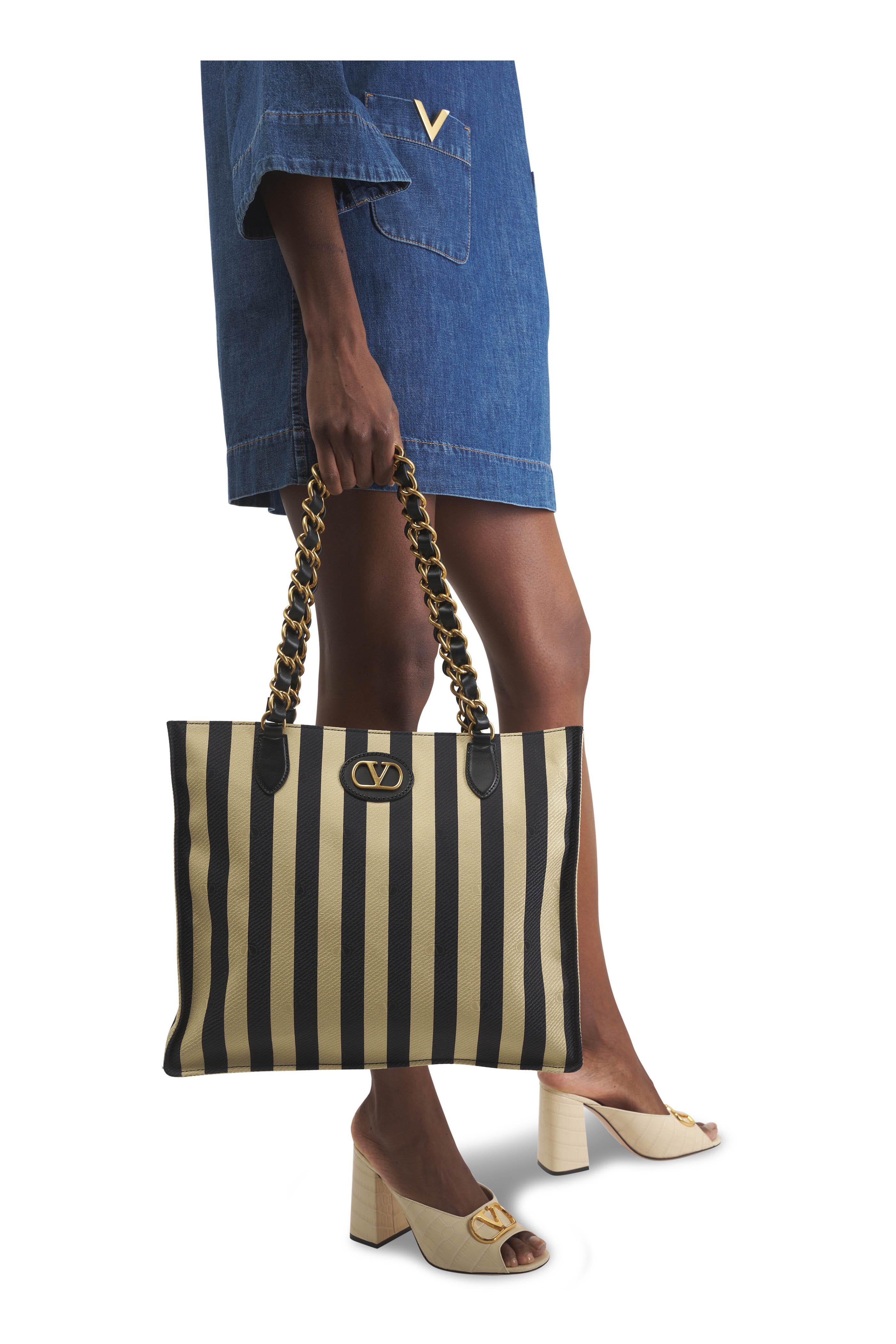 Valentino Garavani - Tess Black & Ivory Jacquard Stripe Chain Tote