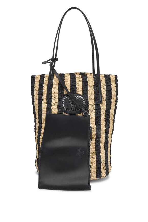 Valentino Garavani VLogo Natural & Black Stripe Raffia Shopping Bag - view 5