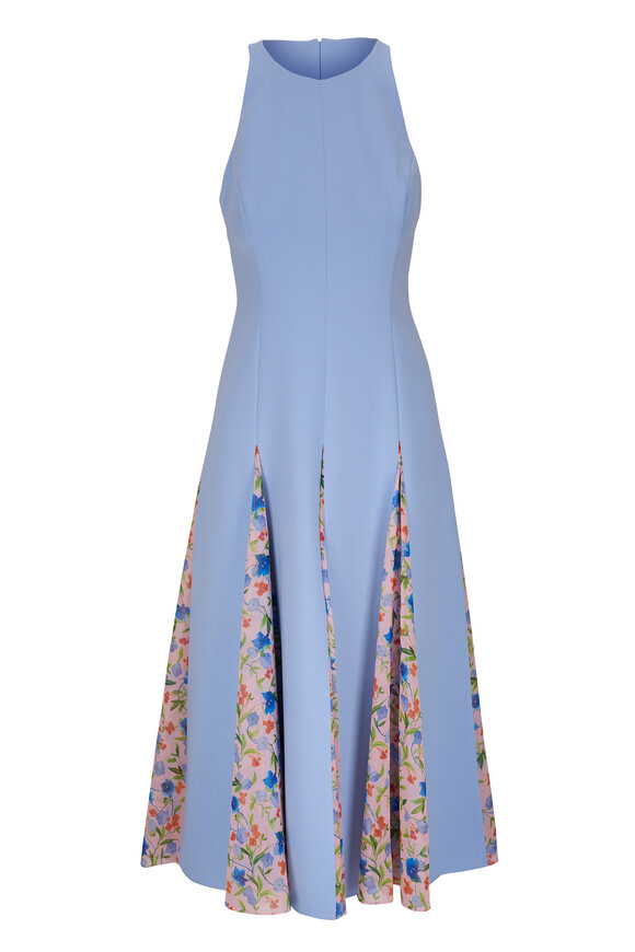 Carolina Herrera Lake Blue Floral Chiffon Godet Halter Midi Dress 