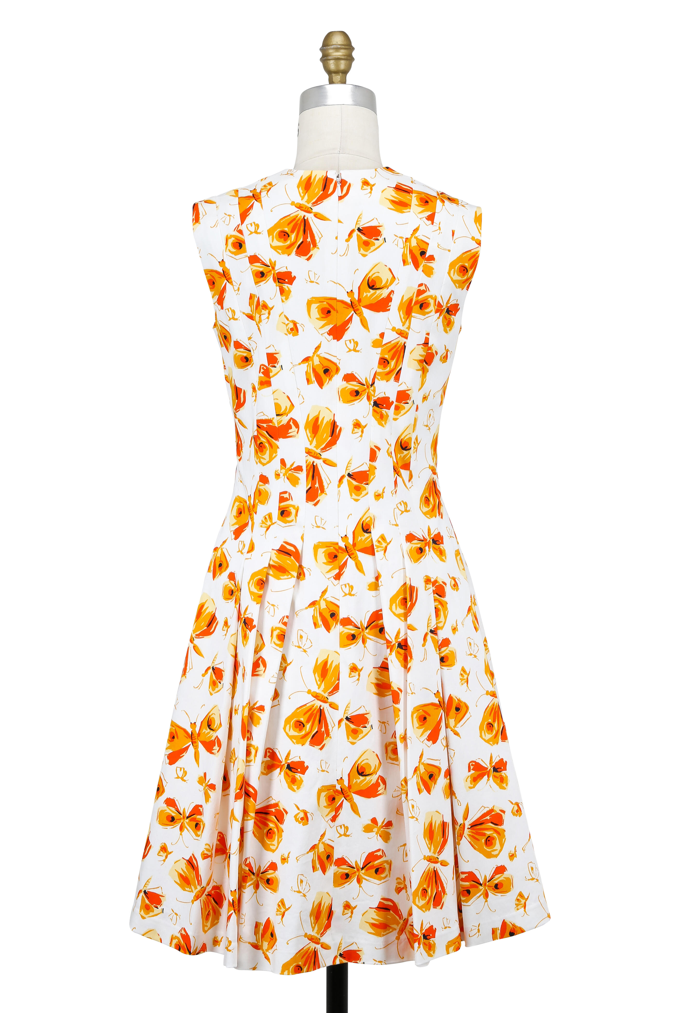 Carolina Herrera - White & Orange Pintuck Fit & Flare Dress