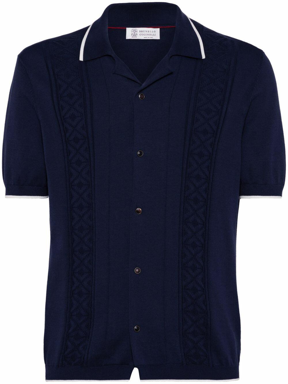 【値下げ中】BRUNELLO CUCINELLI 襟付き長袖トップス 紺x白 M Brunello Cucinelli - Navy Cotton Short Sleeve Button Down