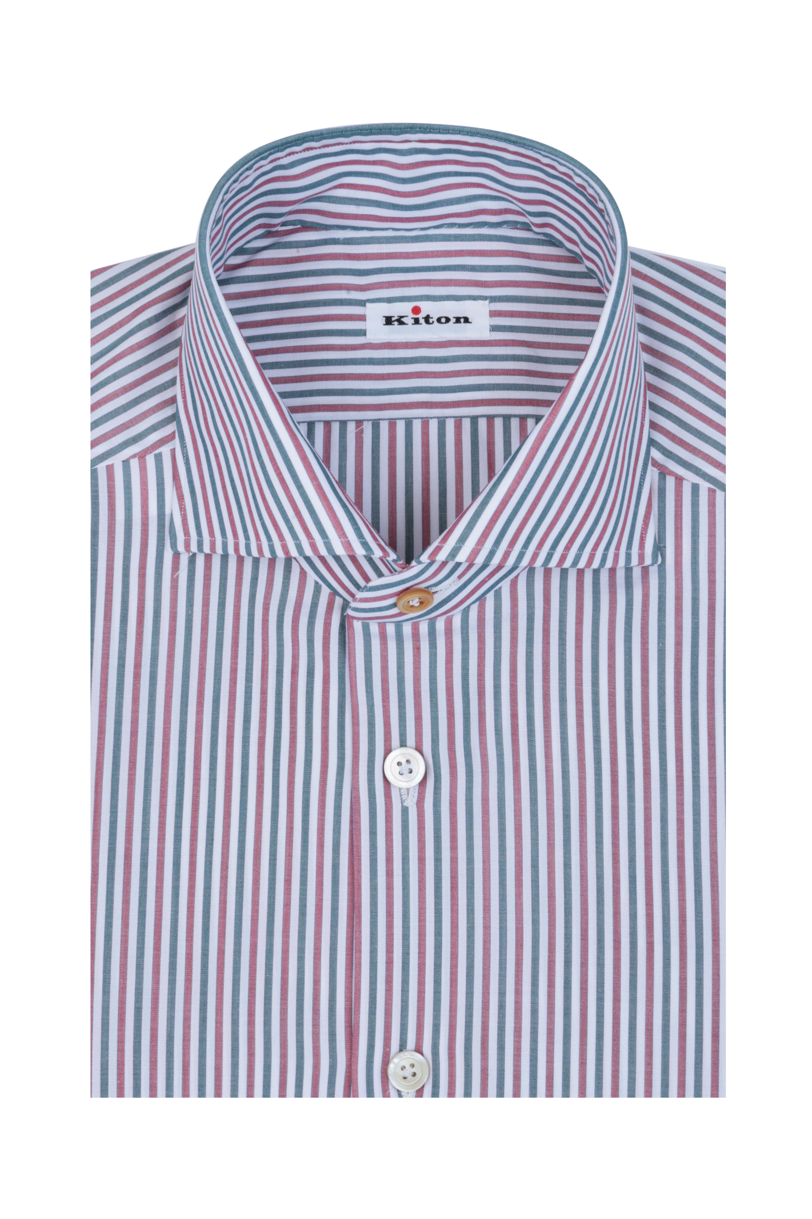Kiton - Red & Green Striped Dress Shirt