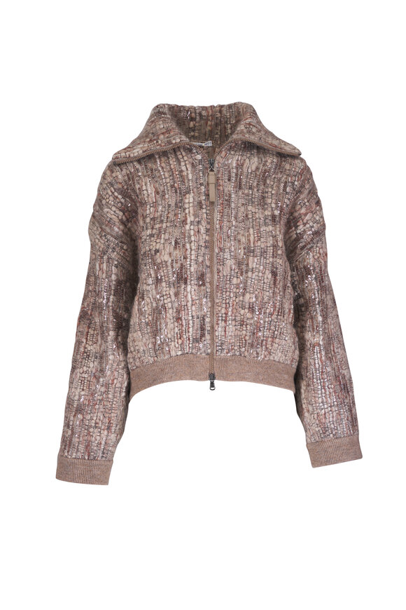 Brunello Cucinelli Beige Diamante Bouclé Tweed Knit Jacket - view 1