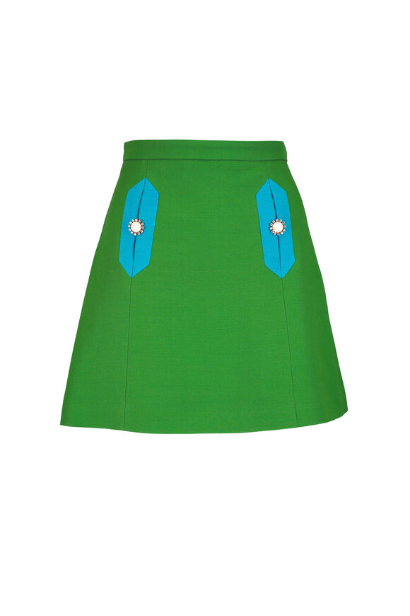 Valentino Green & Blue Crepe Couture Wool & Silk Mini Skirt