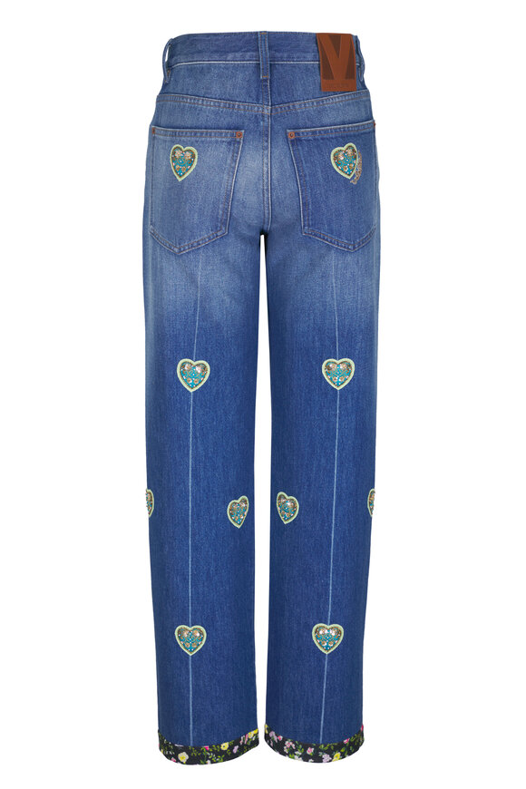 Valentino Medium Blue Heart Embroidered Jean - view 5