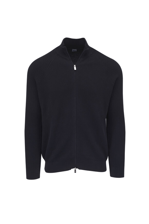Fedeli Navy Blue Cotton Ribbed Zip Sweater