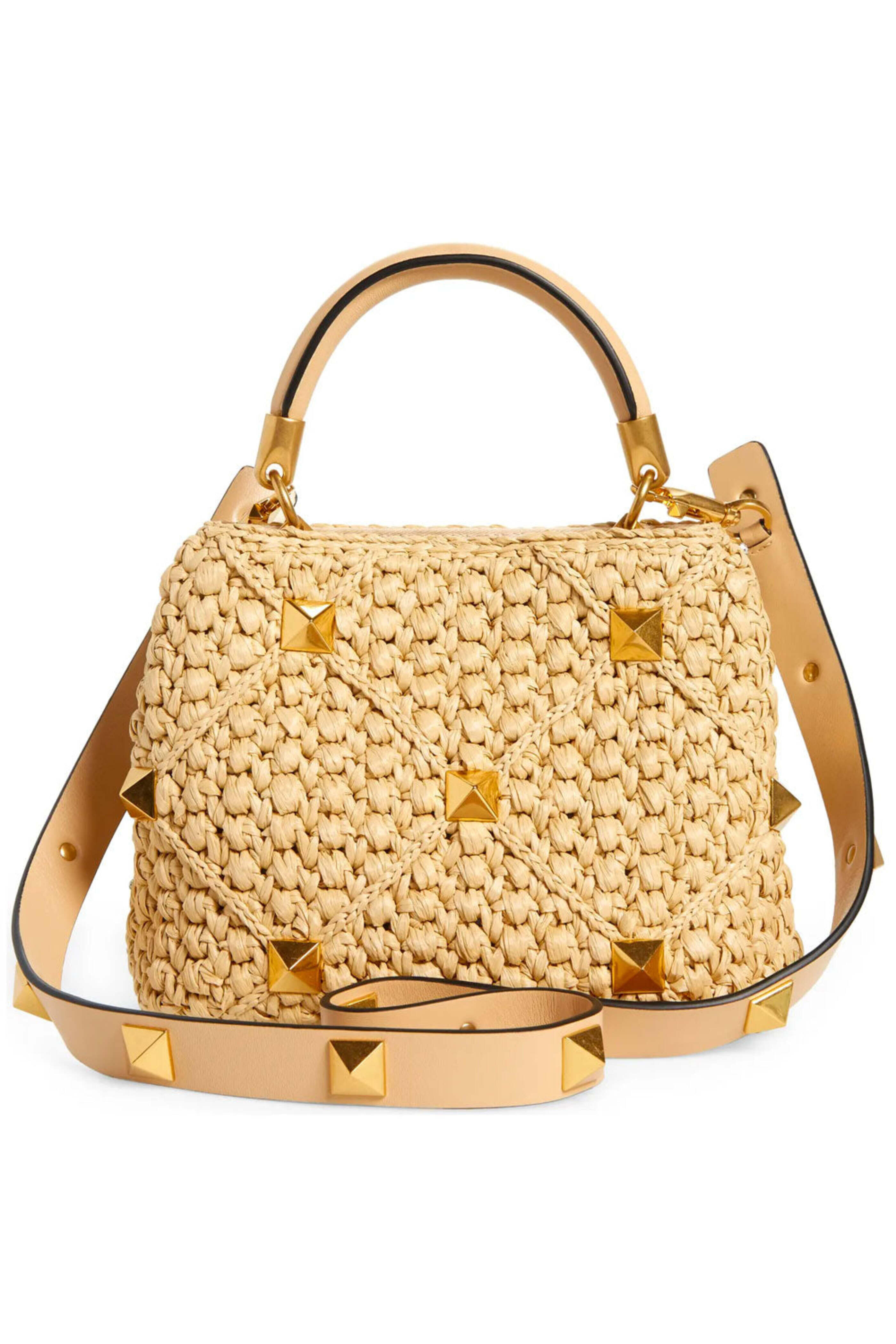 Valentino Garavani - Raffia Small Roman Stud Bag in Natural Crystal