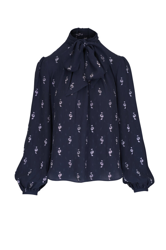 Adam Lippes - Joan Midnight & Silver Floral Fil Coupe Blouse