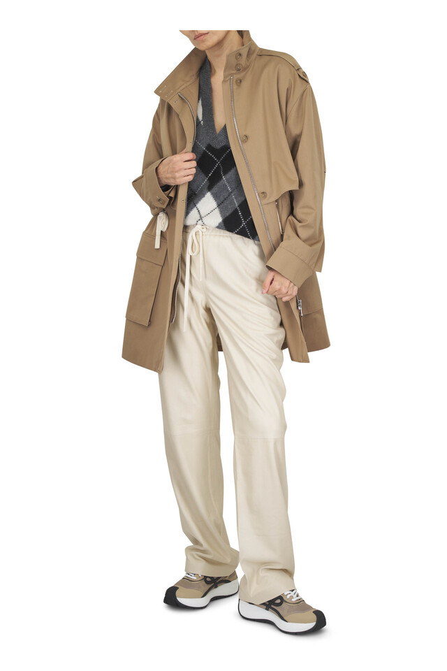 Designer outfit featuring Pogo Green Multicolor Knit & Suede Sneaker, Drawing Conclusions Chino Twill Trench Coat and 2 other pieces