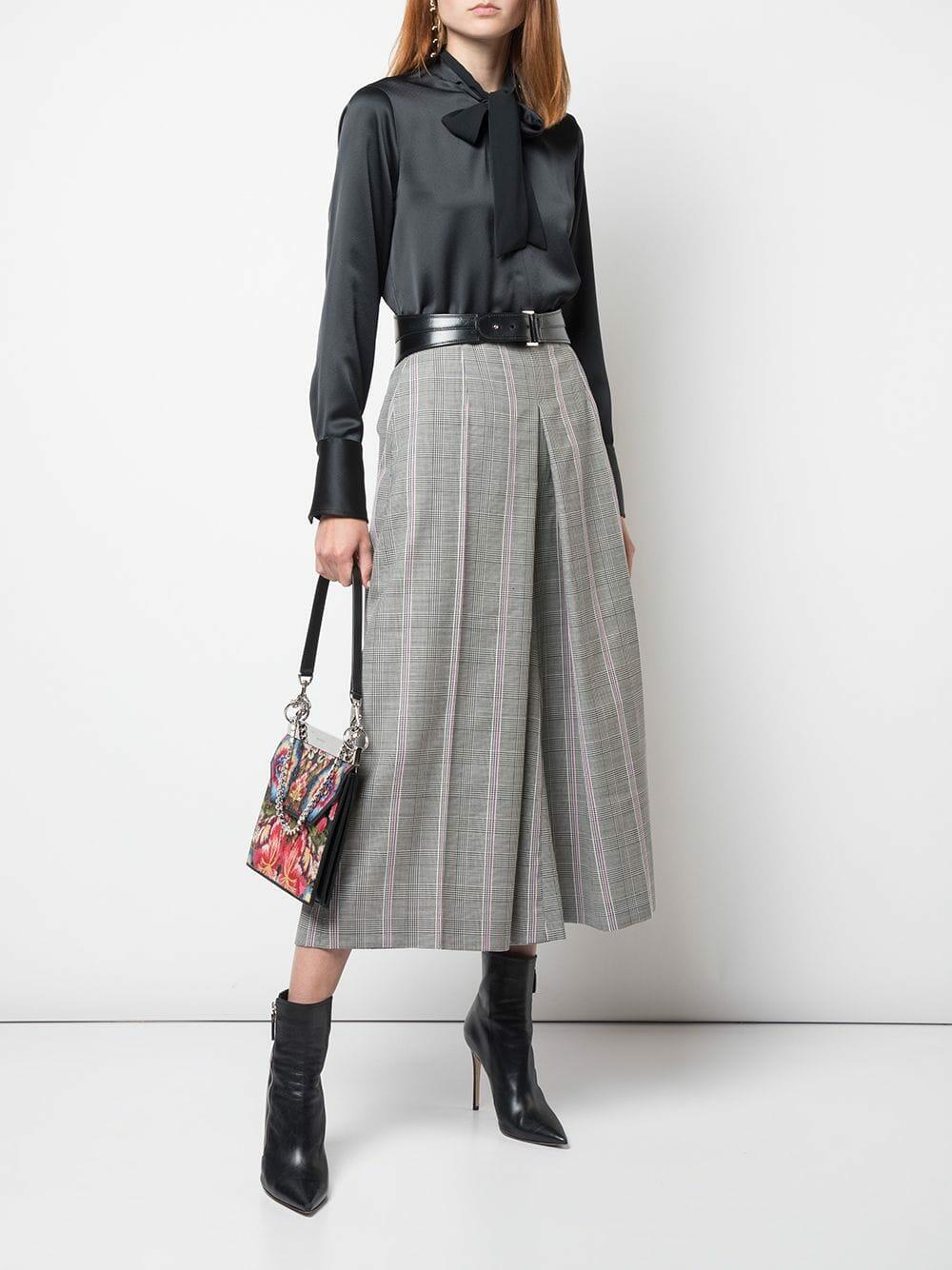 McQueen - Black, White & Pink Plaid Wool Wide Leg Crop Pant