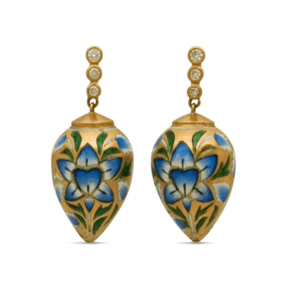 Carla Rockmore Designs Painted Floral Diamond Drop Earrings