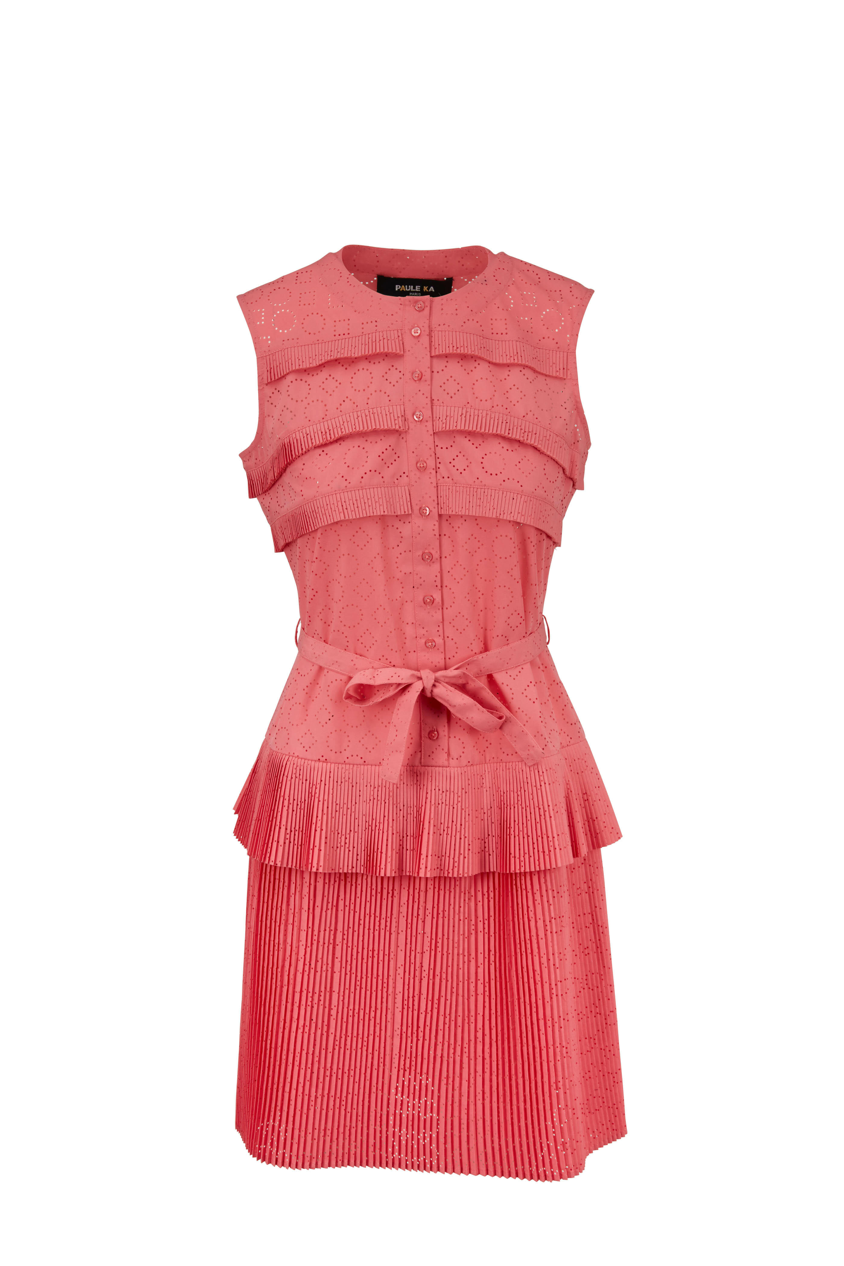 Paule Ka - Coral Eyelet Tiered Pleat Dress