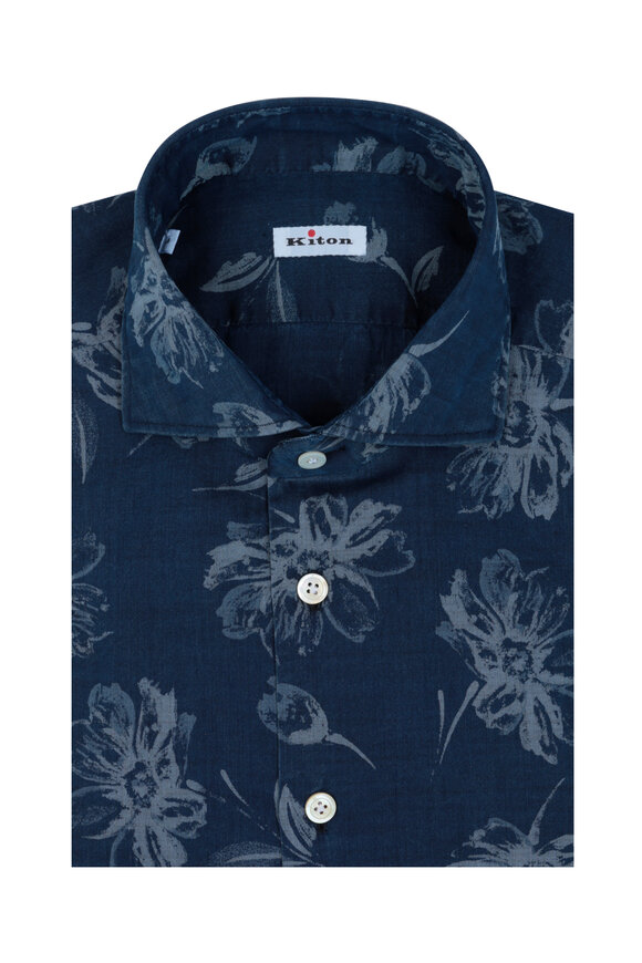 Kiton - Navy Blue Floral Print Sport Shirt