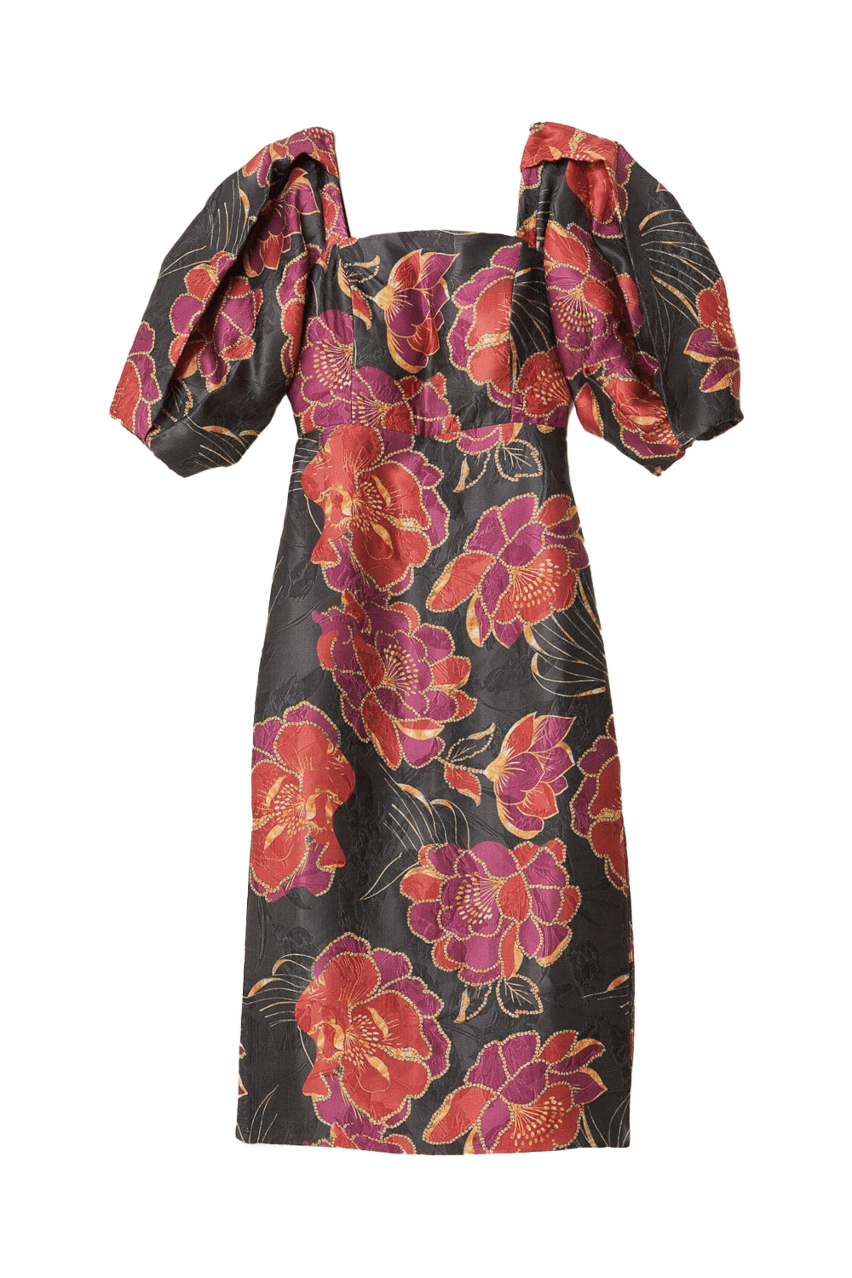 Farm Rio - Shiny Chita Black Shorts Sleeve Midi Dress