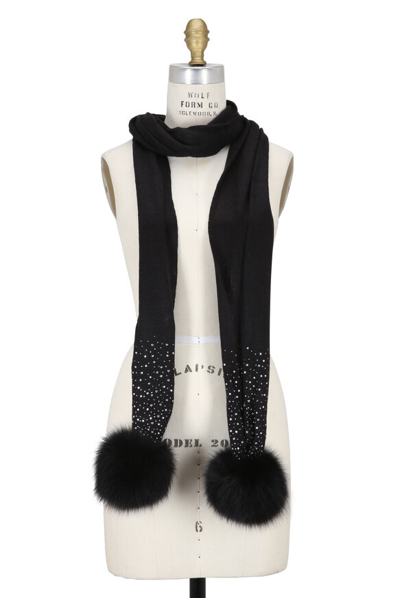 Viktoria Stass - Black Knit Fox Fur Pom Pom Studded Scarf
