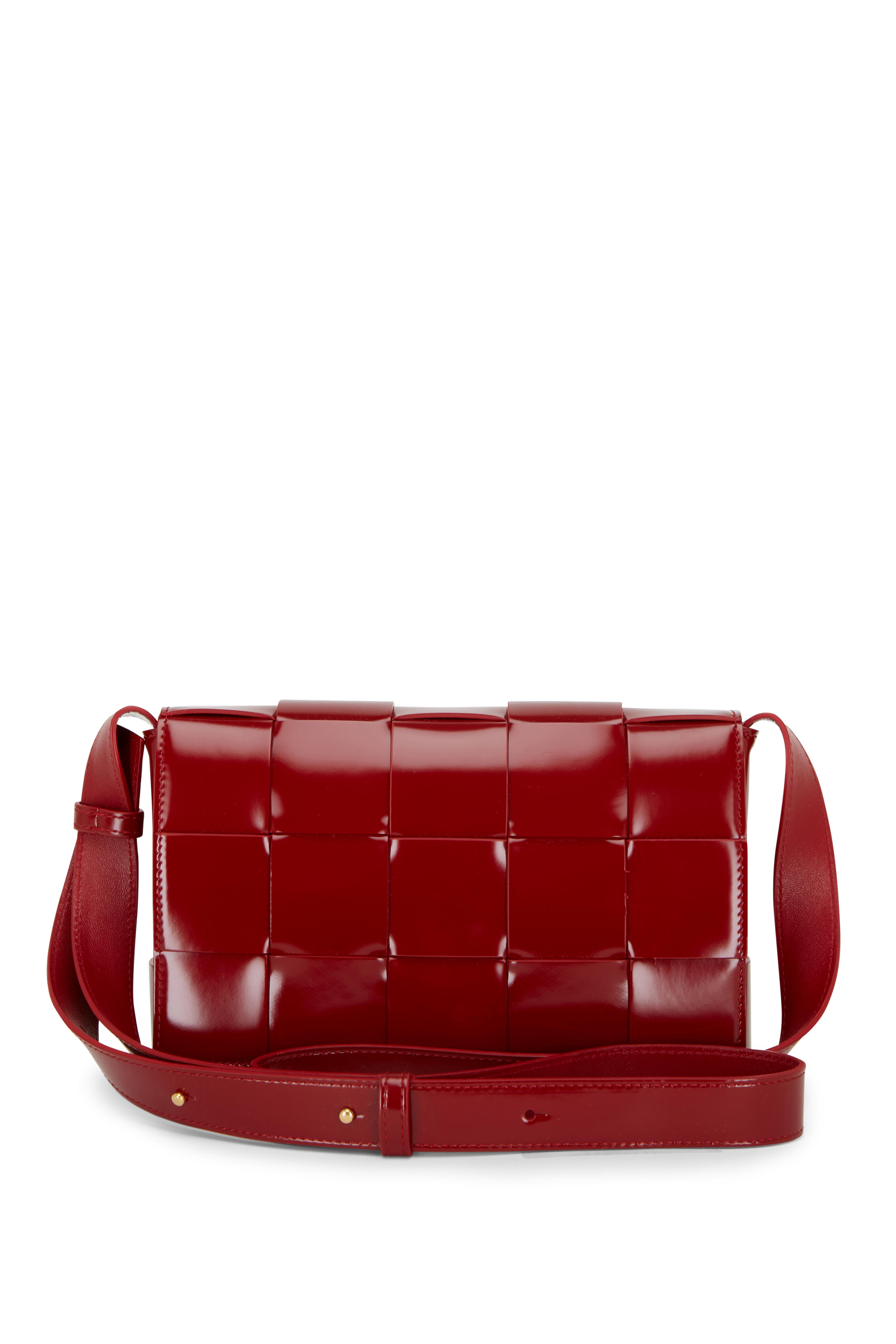 Bottega Veneta - Cassette Dark Red Woven Patent Leather Bag
