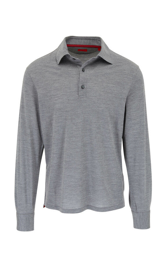 Isaia - Evening Solid Gray Wool Long Sleeve Polo 