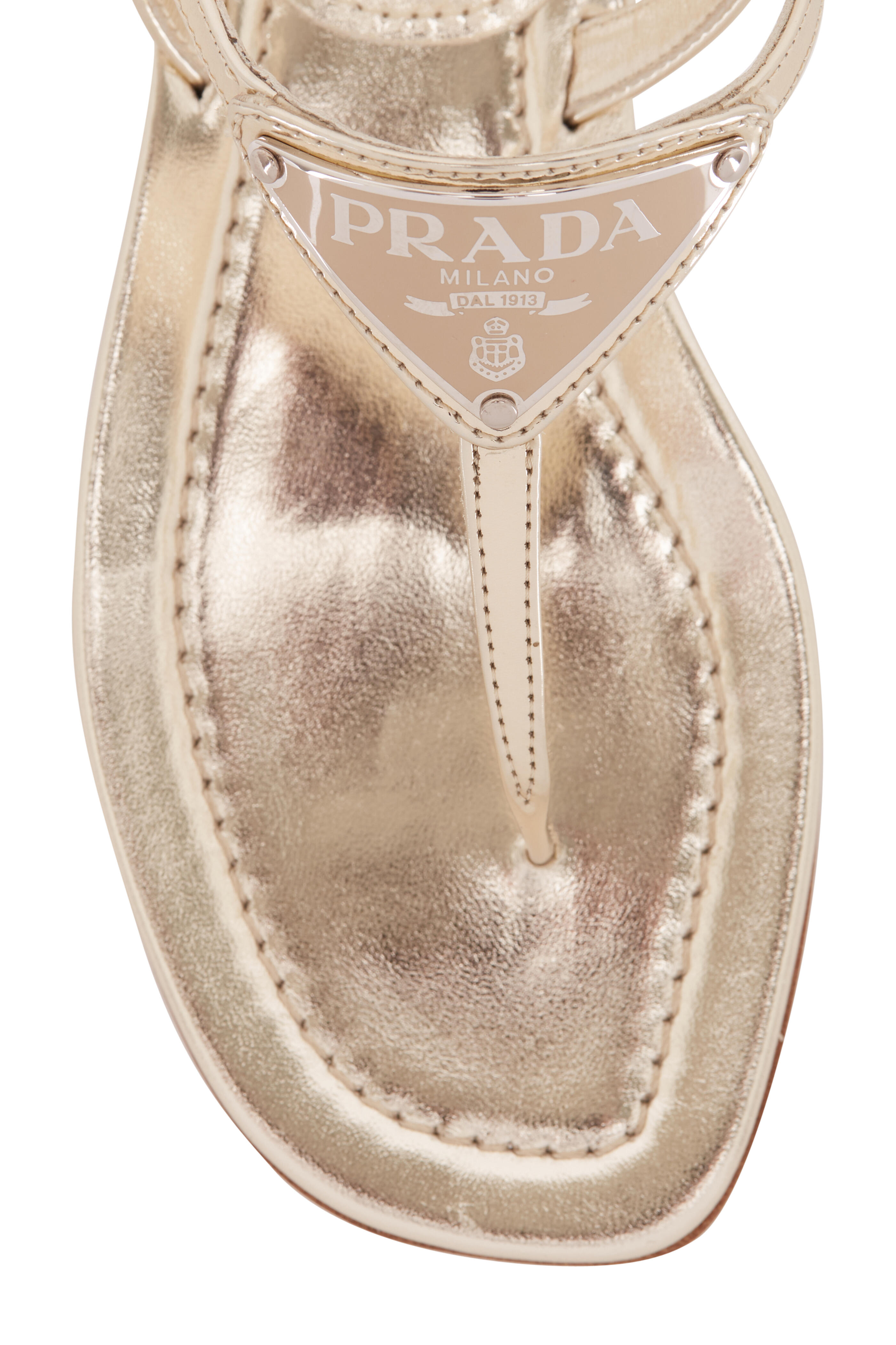 Prada - Metallic Gold Logo Flat Thong Sandal | Mitchell Stores