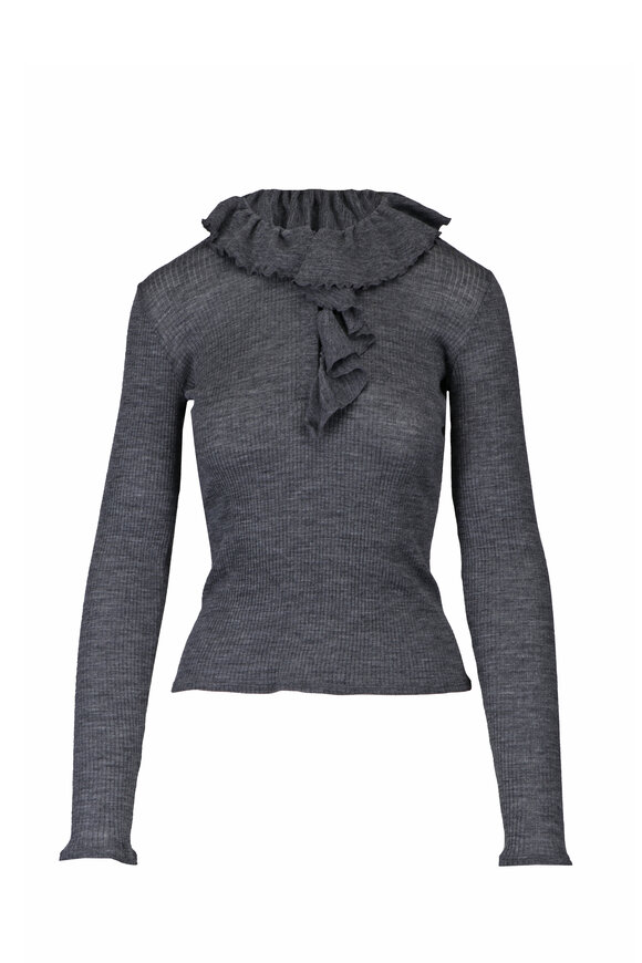 Forte Forte Gray Ruffle Ribbed Knit Henley - view 1